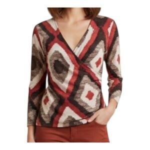 Lauren Ralph Lauren Aztec Print Faux Wrap Top Large Southwestern Tribal Stretchy